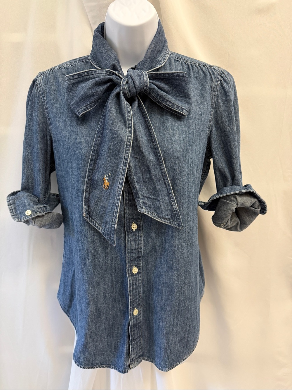 Polo Ralph Lauren Necktie Denim Shirt Bow Blouse Sz 0 - Picture 2 of 12